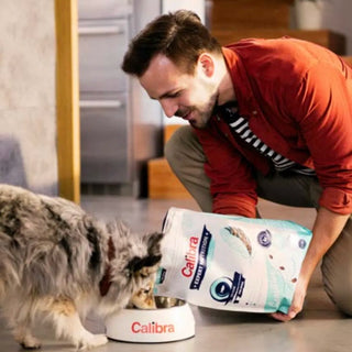 A man feeding a dog Calibra dog food